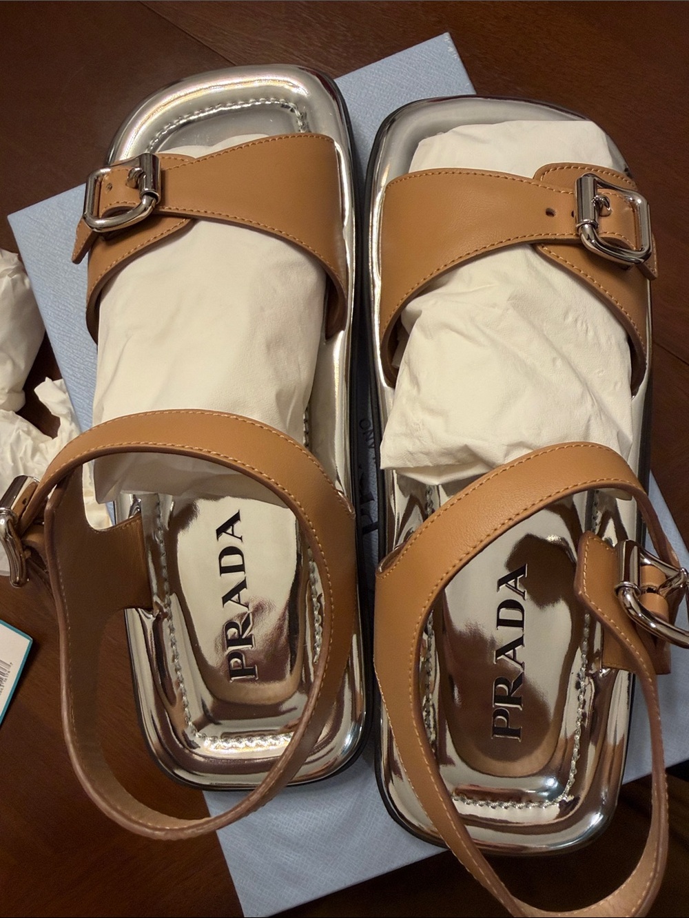 Prada Tan Leather Buckle Platform Sandals with Silver Footbed New in Box size 41